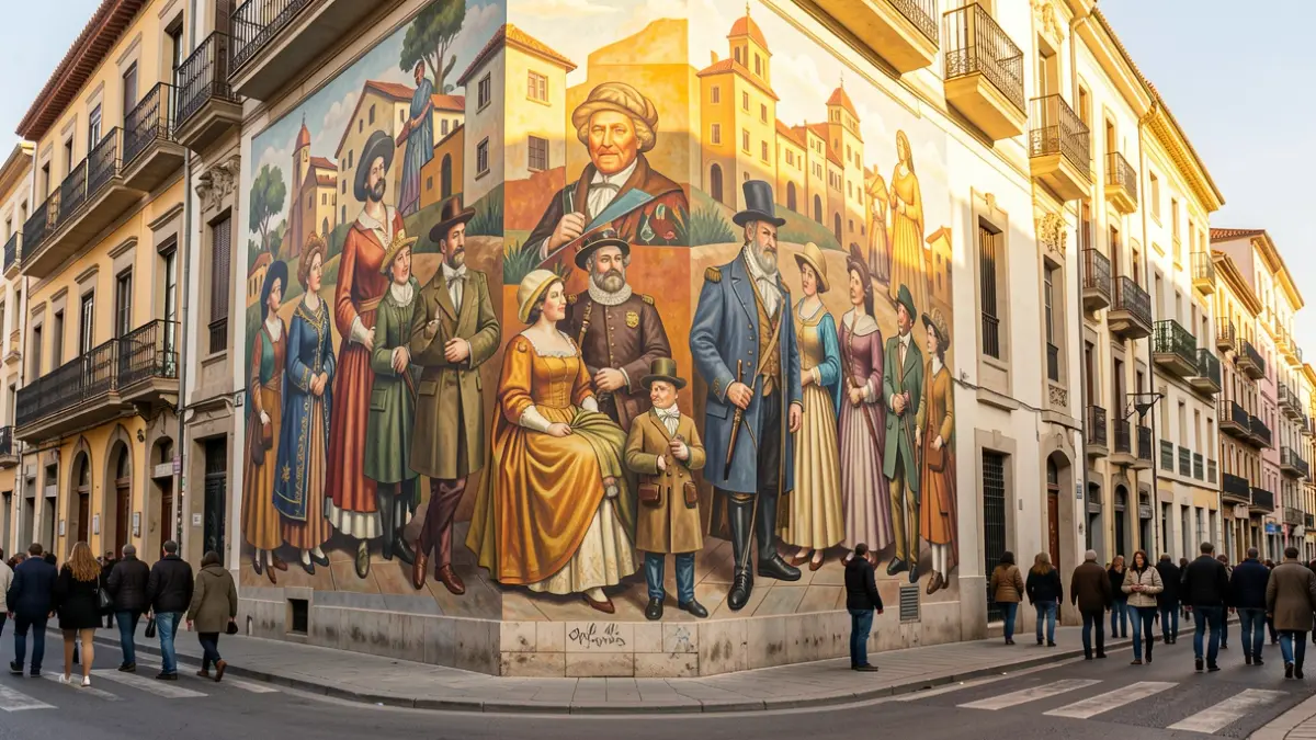Modernist mural in Els Pallaresos featuring historical figures.