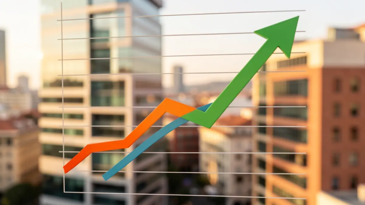 Business growth chart with office buildings in the background.