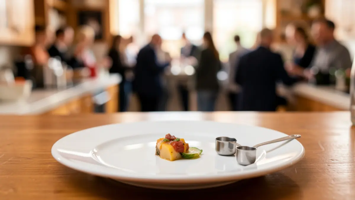 Imatge genèrica d'un plat amb una petita porció d'aliment i una cullera de mesura al costat, suggerint una dieta baixa en greixos.