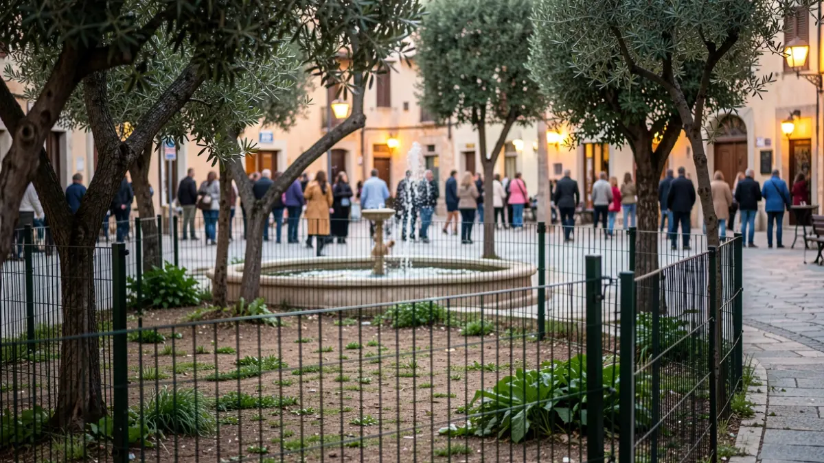 Generic image of a dog recreation area with trees and a fountain, featuring a Mediterranean urban environment in the background.