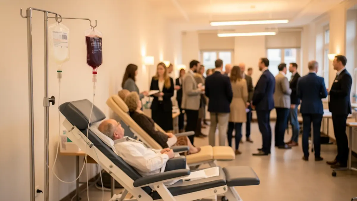 Imagen genérica de un punto de donación de sangre con material médico y personas al fondo.