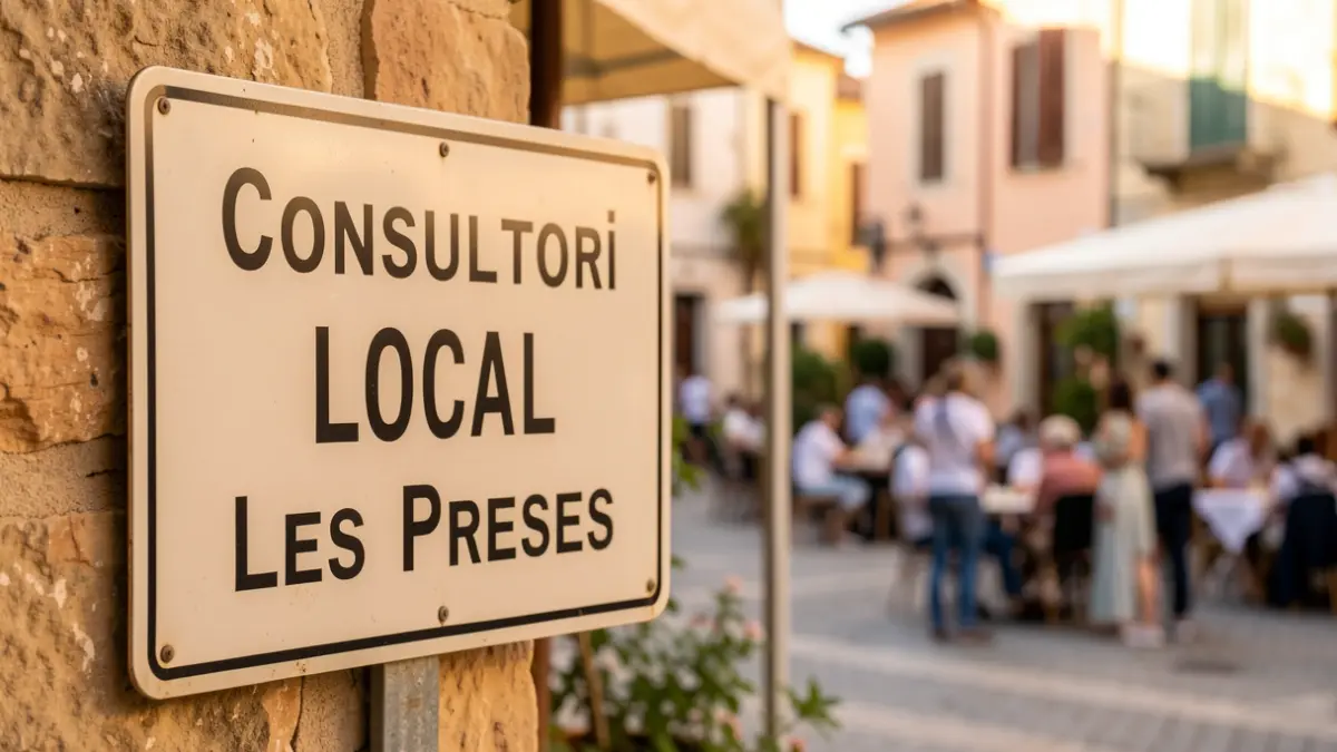 Senyal del consultori local de les Preses amb un entorn urbà mediterrani.