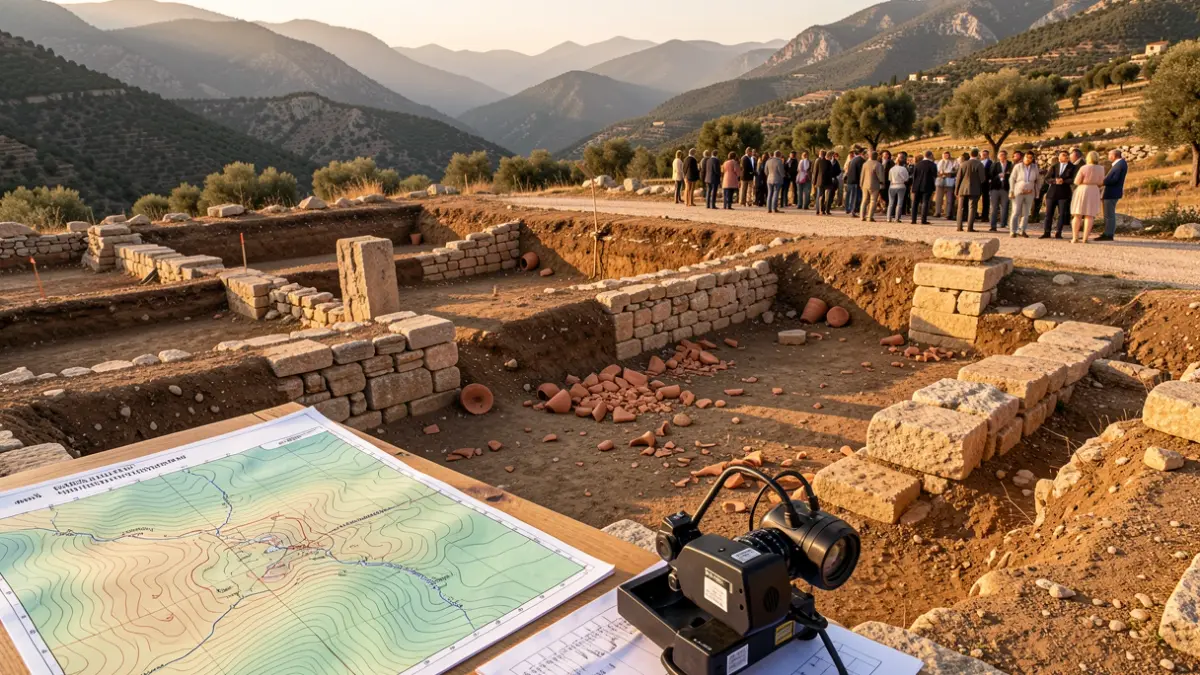 Imagen genérica de una excavación arqueológica en las montañas de Cataluña con estructuras de piedra y material antiguo.