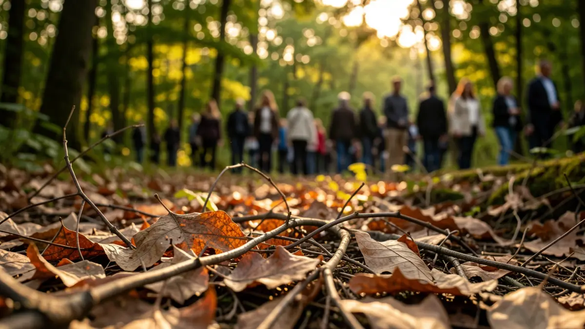 Generic image of dry leaves and twigs on the ground with a blurred forest in the background, illuminated by late afternoon sunlight.