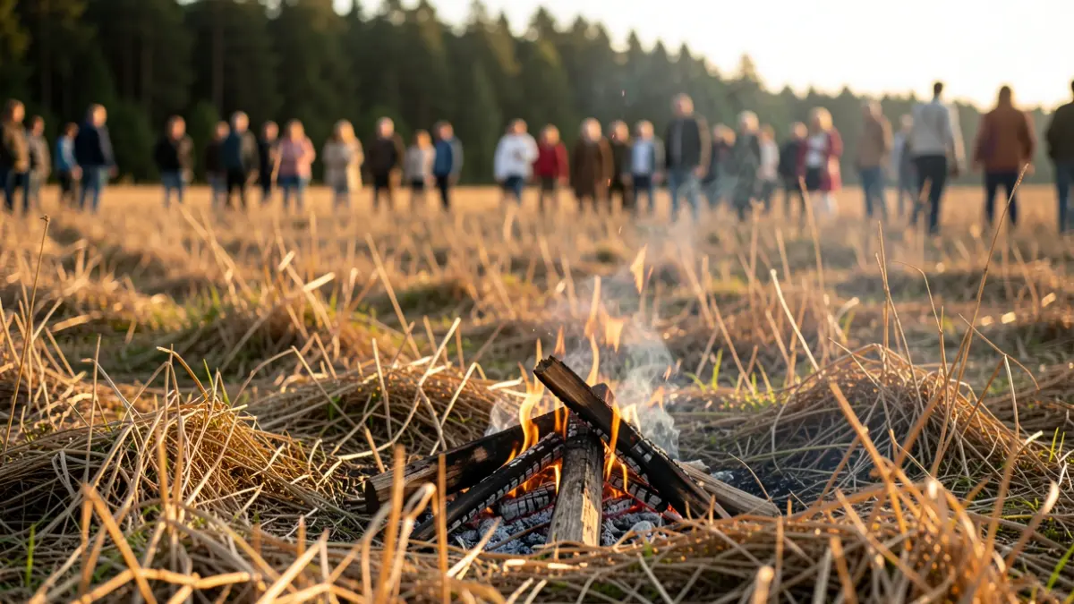 Imagen genérica de vegetación seca y un fuego controlado en un campo, con un bosque al fondo.