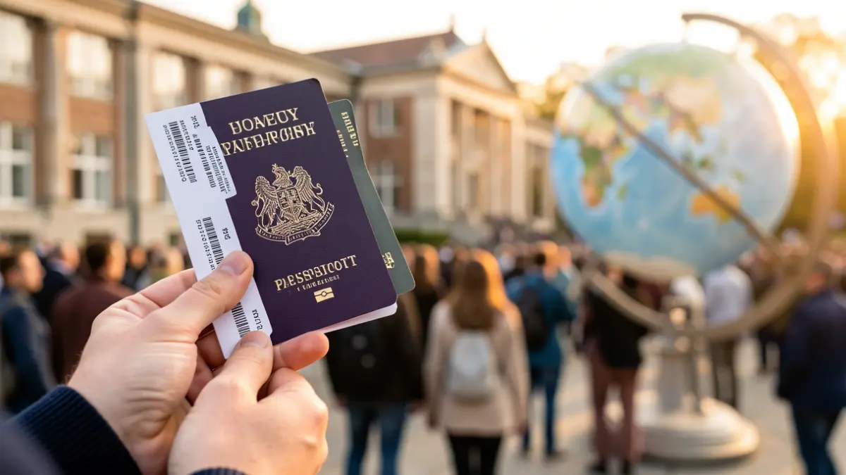 Generic image of a student's hand holding a passport and a plane ticket, with a university campus and a globe in the background.