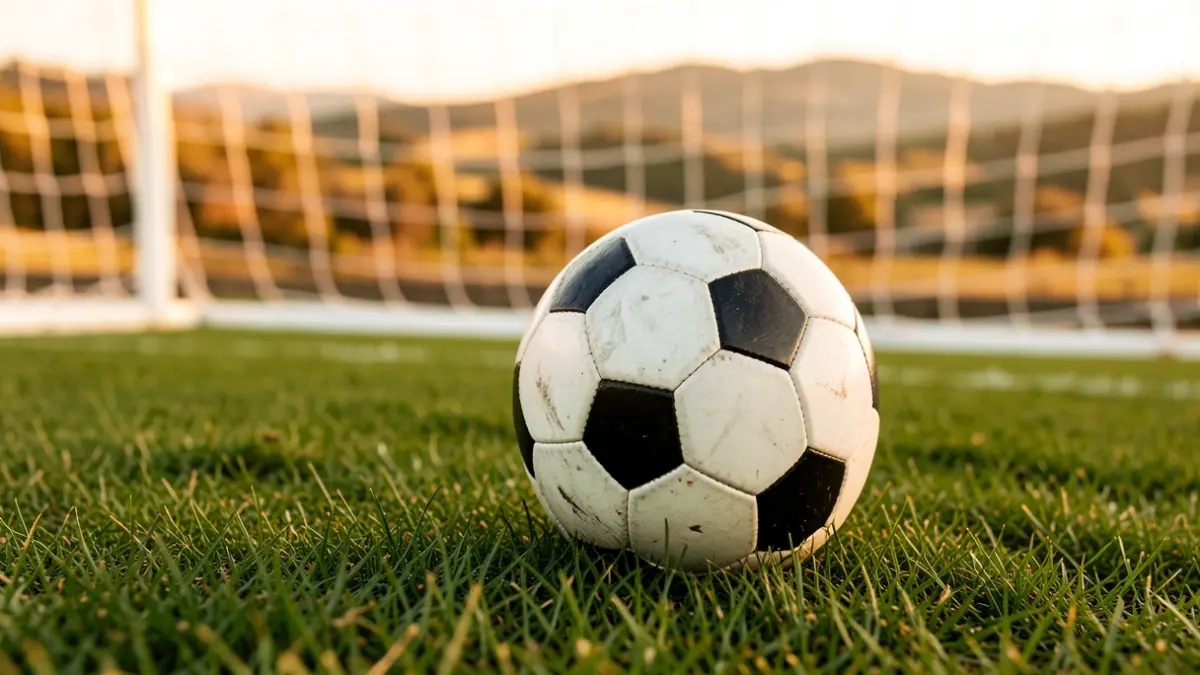 Generic image of a soccer ball on grass with a blurred goal net in the background.