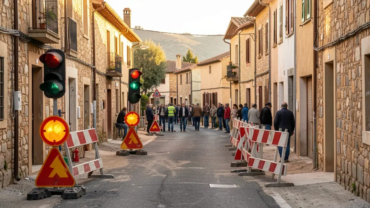 Imagen genérica de obras en una carretera de un pueblo catalán con semáforos provisionales.