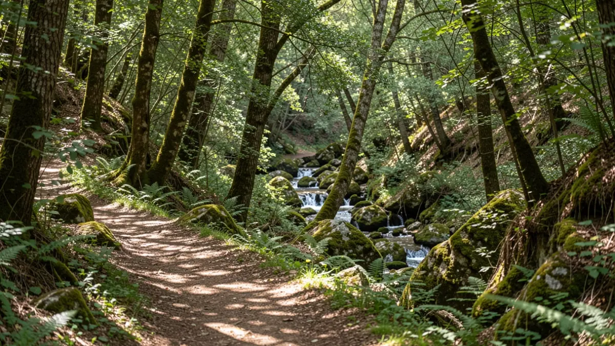 Generic image of a forest path in Catalunya with sunlight filtering through the trees.