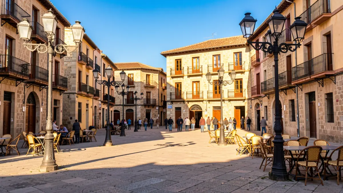 Plaça d'un poble català amb arquitectura tradicional i llum càlida de tarda.