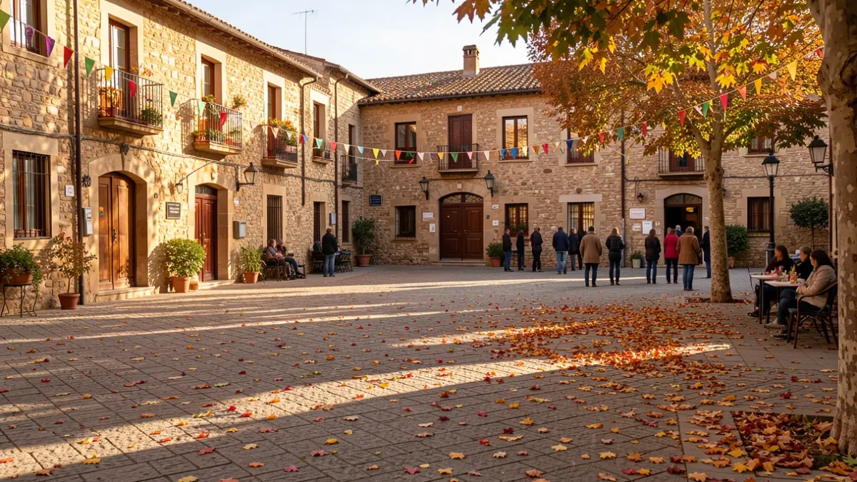 Plaça d'Olivella durant les festes de tardor amb arquitectura tradicional i llum càlida.