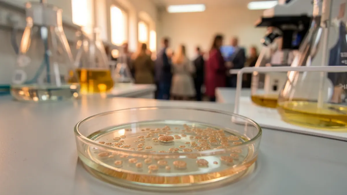 Imatge genèrica de pautes de cèl·lules en un laboratori, amb equips científics desenfocats al fons i llum càlida.