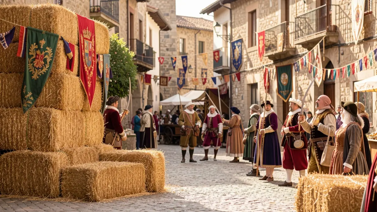 Generic image of a Catalan town square decorated for a medieval fair, with actors in period costume and decorative elements.