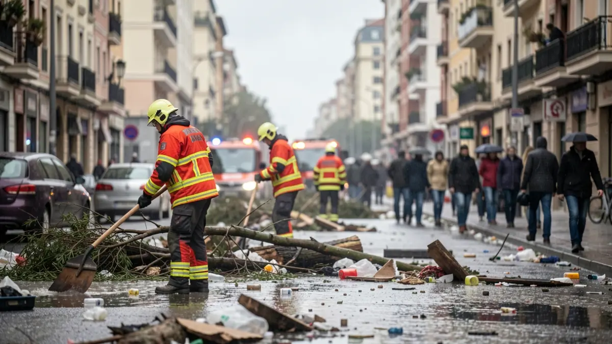 Equips d'emergència treballant a una zona residencial de Barcelona afectada per pluges intenses.