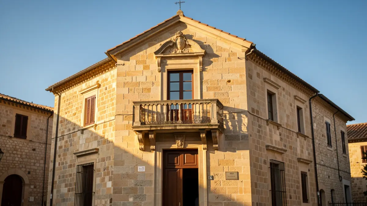 Generic image of a stone town hall with a balcony, illuminated by warm afternoon light.
