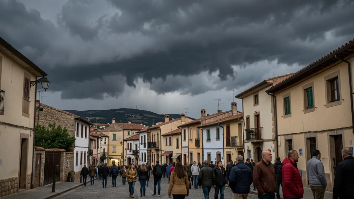 Imatge genèrica de núvols de tempesta reunint-se sobre un poble mediterrani amb arquitectura tradicional.