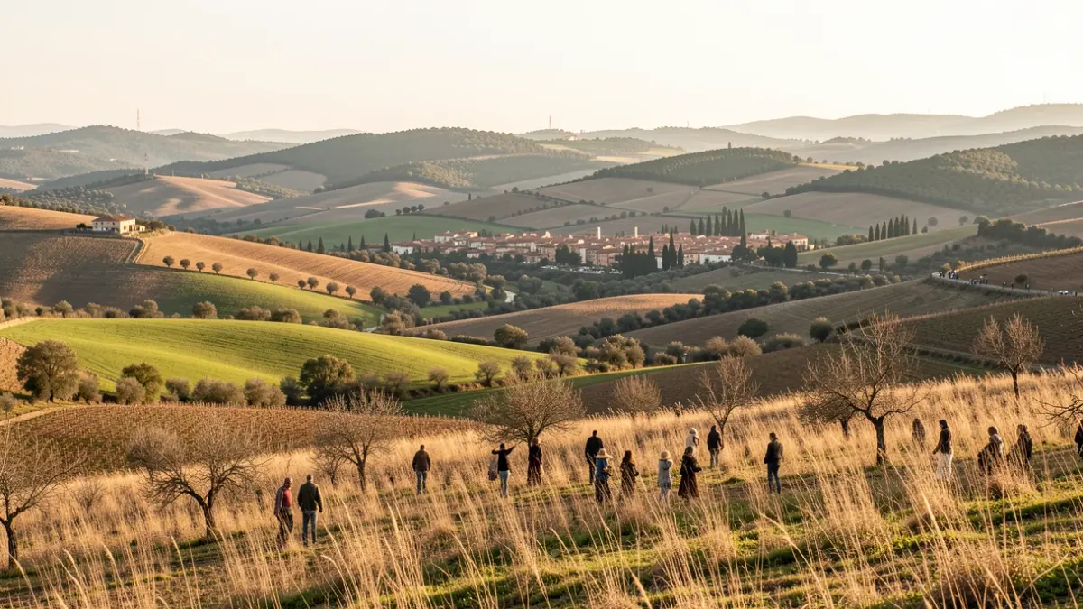 Imatge genèrica de paisatge rural català amb turons i camps, un poble a la llunyania, amb llum càlida de tarda.