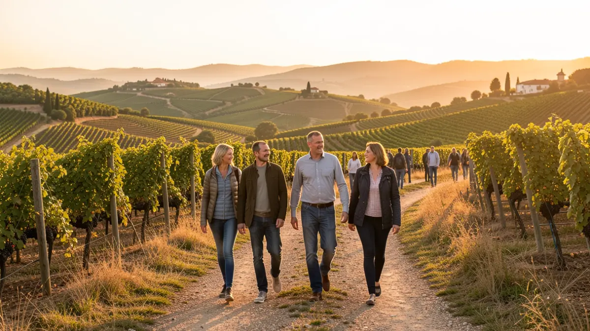 Generic image of a team walking through a vineyard landscape at sunset.