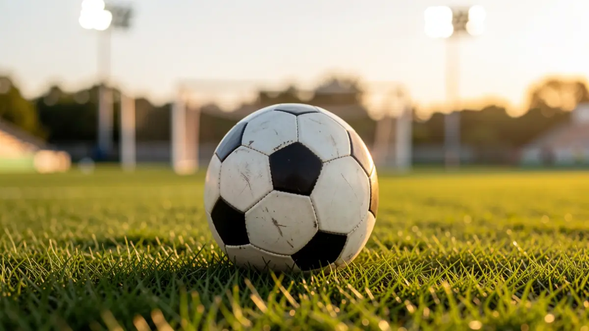 Pilota de futbol sobre gespa amb porteria i llums d'estadi al fons.
