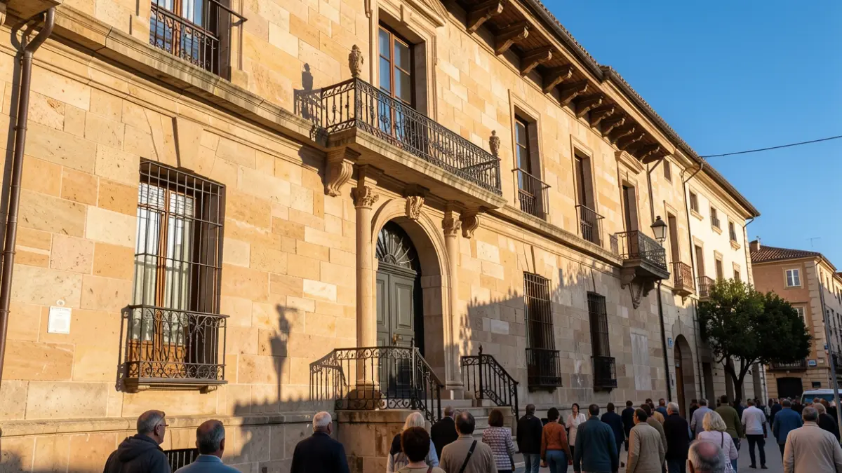 Imagen genérica de la fachada de un edificio público con balcón y luz cálida.