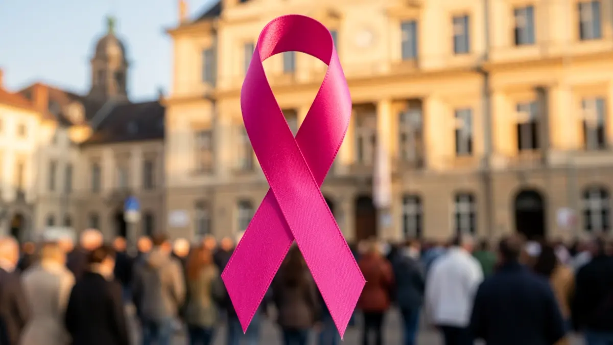 Generic image of a pink ribbon on a town hall facade.