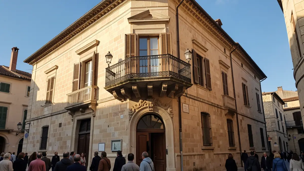 Fachada de un ayuntamiento mediterráneo con balcón y barandillas de hierro, cálida luz de tarde.