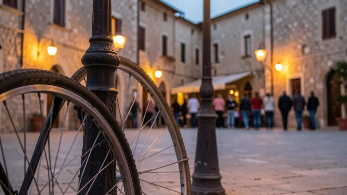 Generic image of a street lamp and a bicycle wheel in an urban setting at dusk.