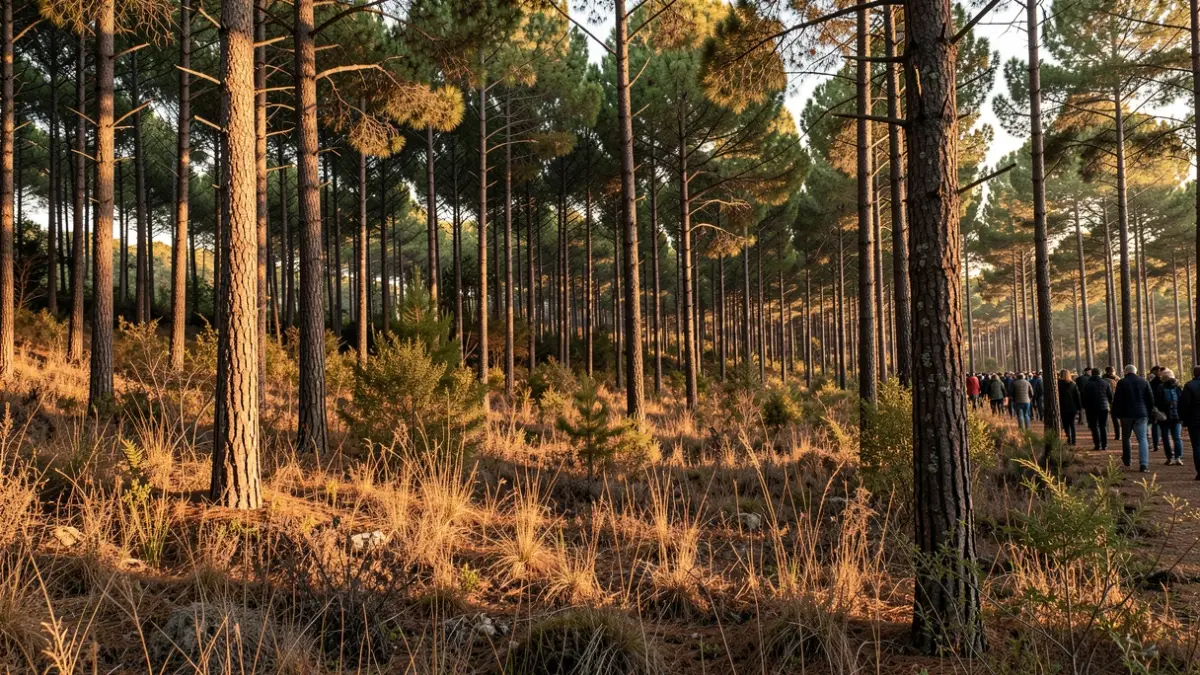 Imatge genèrica d'un bosc dens a Catalunya amb vegetació seca i arbres dispersos, il·luminat per la llum càlida de la tarda.