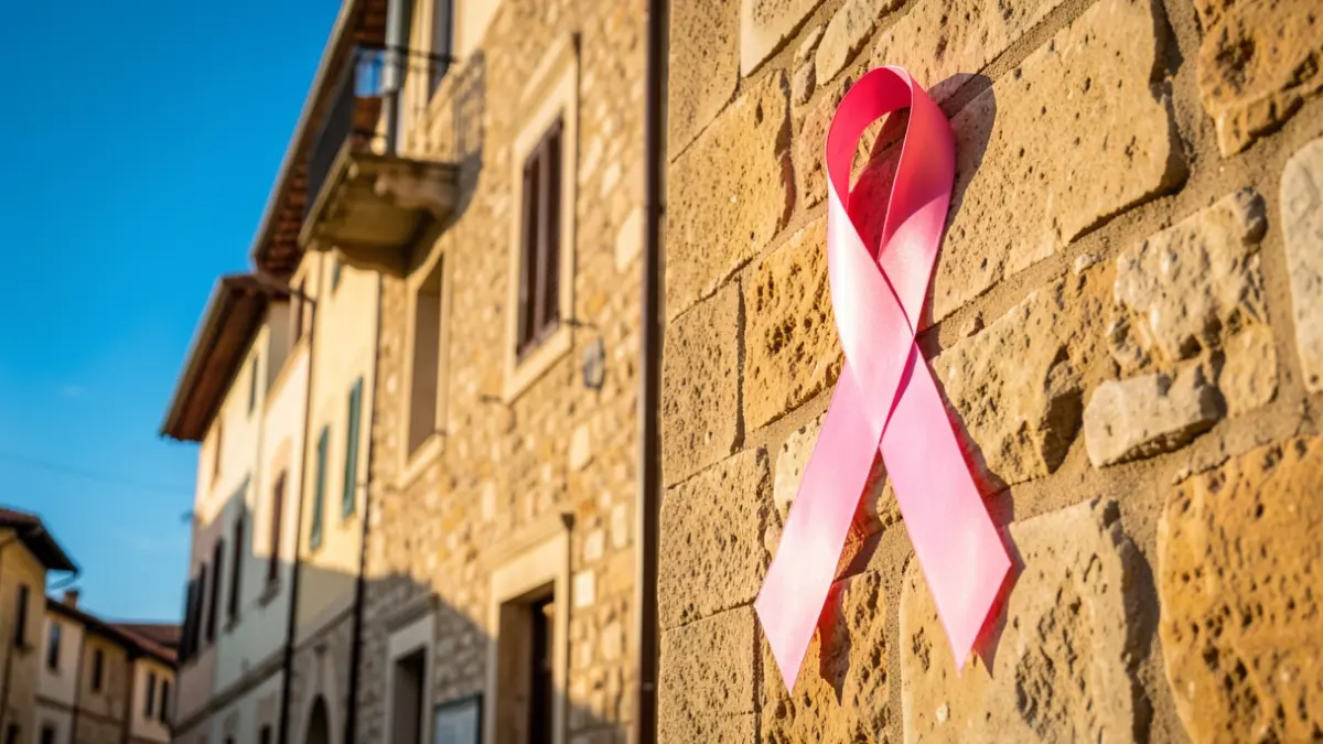 Imagen genérica de un símbolo de la lucha contra el cáncer de mama sobre una fachada de piedra.