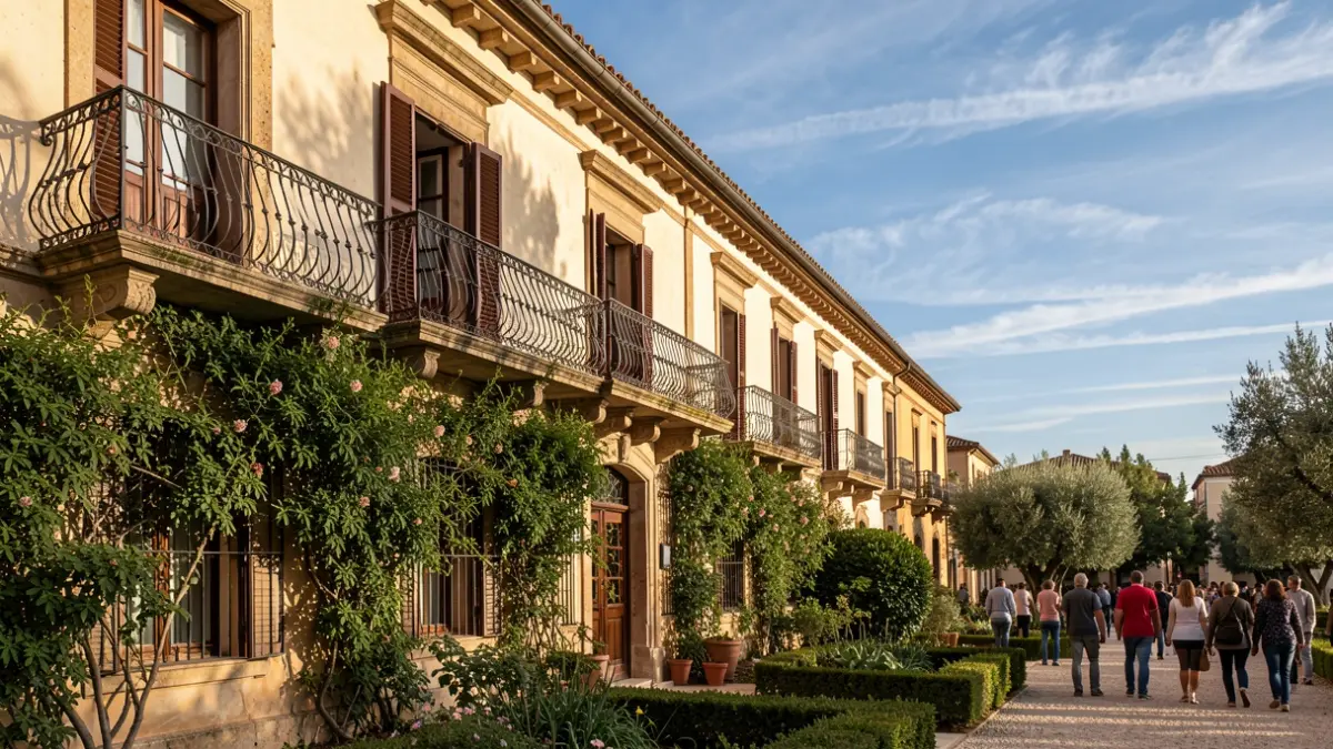 Facade of the Parc Samà historic garden in Cambrils with vegetation and Mediterranean architecture.