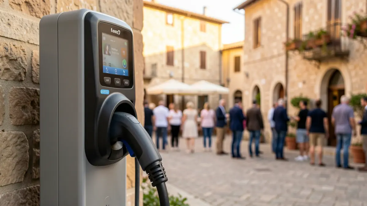 Punto de carga para vehículos eléctricos en un entorno urbano mediterráneo.