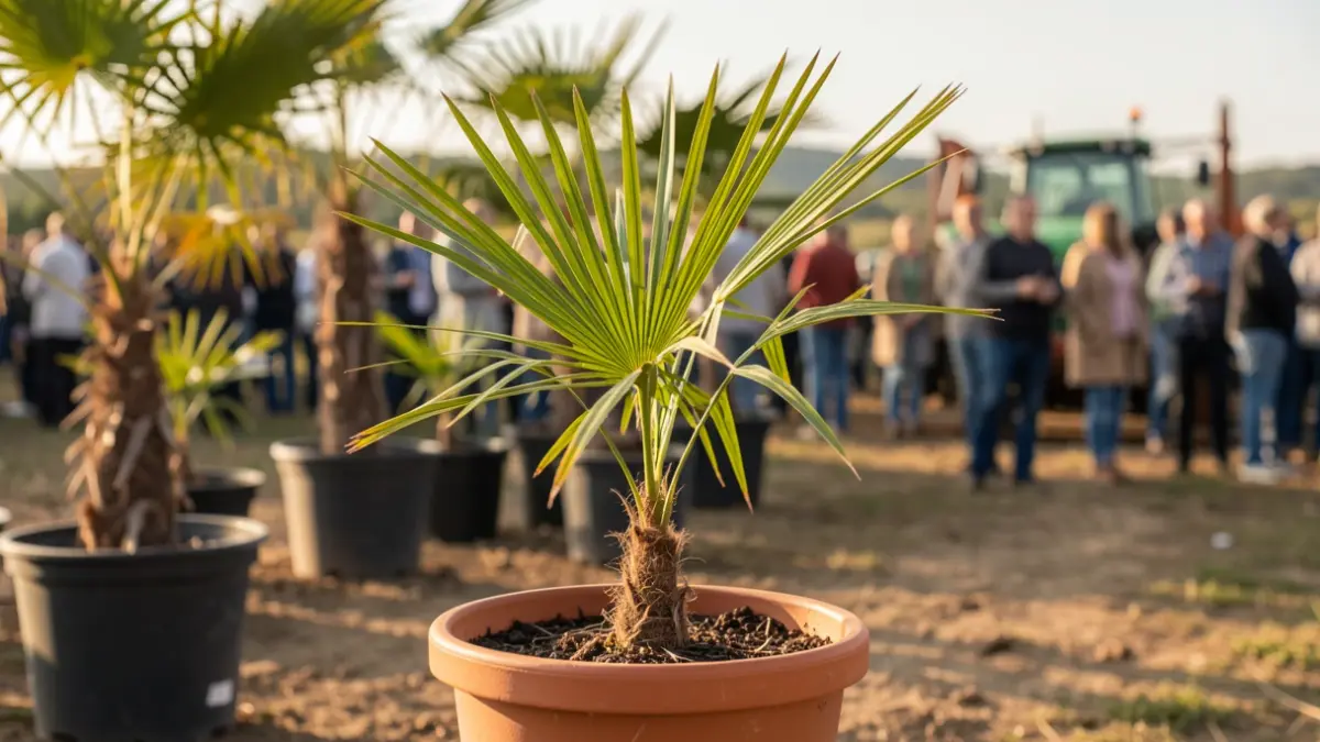 Imatge genèrica de plàntules de palmera en testos, amb un fons desenfocat d'altres plantes i maquinària agrícola.