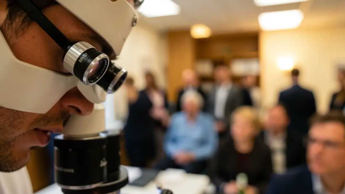 Ophthalmology microscope with a blurred eye in the background.