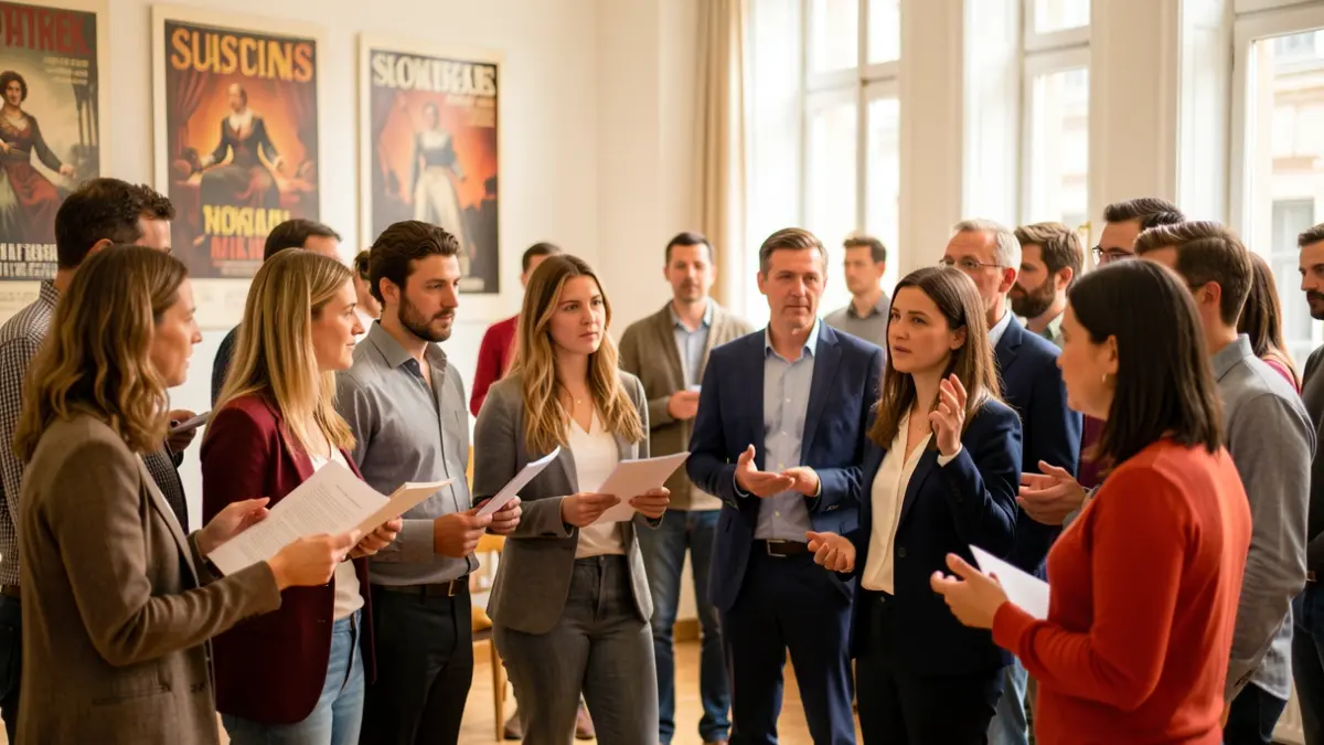 Personas debatiendo sobre programación teatral en un entorno cultural.