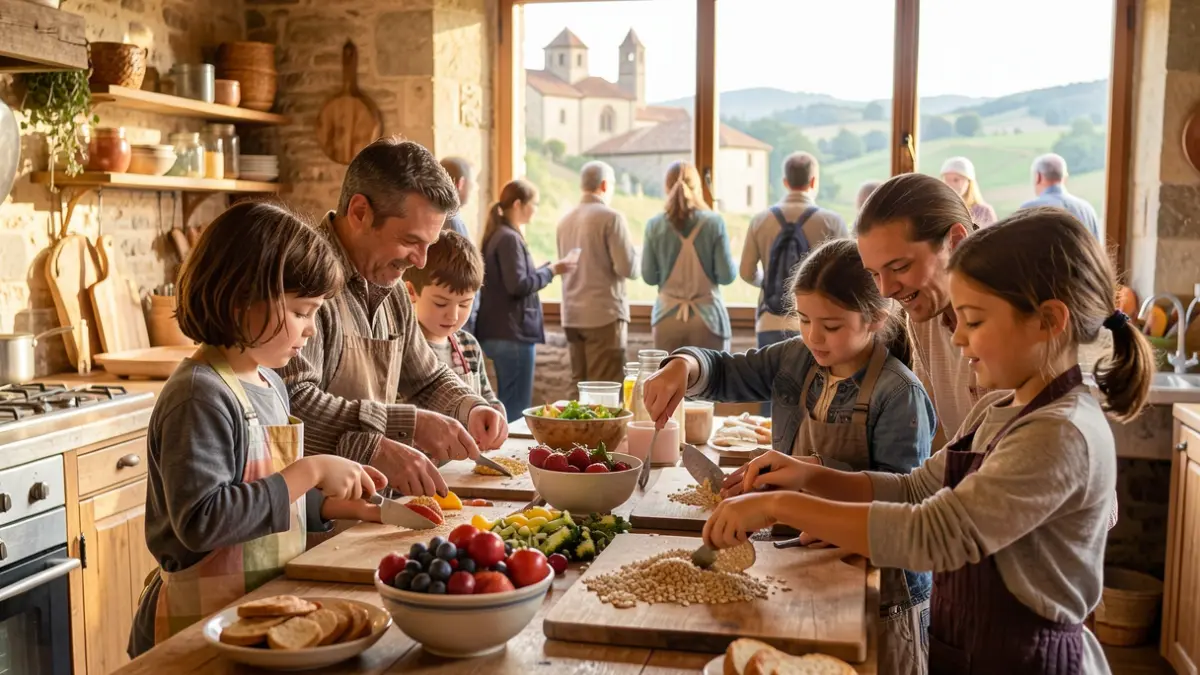Niños y adultos cocinando juntos un desayuno saludable en una cocina rústica.