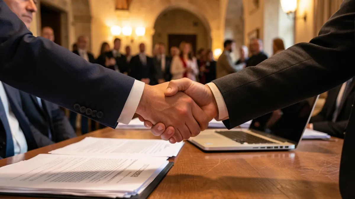 Generic image of a networking meeting with two people shaking hands over a desk with documents and a laptop, featuring Mediterranean architectural elements in the background.