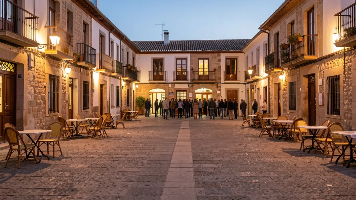 Plaça de poble català al capvespre amb enllumenat públic.