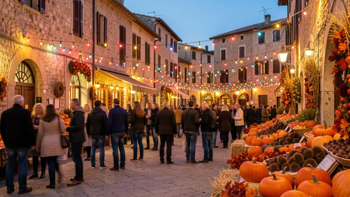 Generic image of a Mediterranean town square during an autumn festival, with lights and decorations.