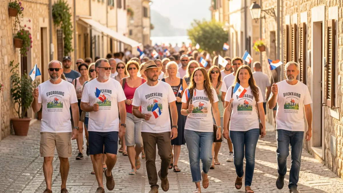 Generic image of people walking in a group down a street with houses in the background.