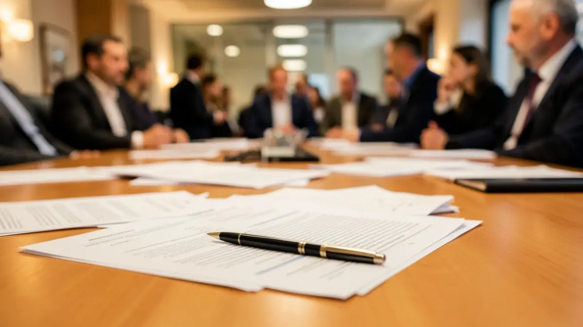 Generic image of a meeting table with documents and a pen.