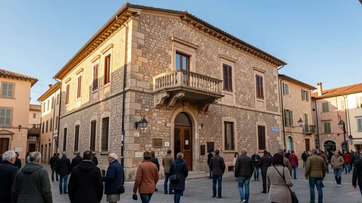 Fachada de un ayuntamiento mediterráneo con balcón y luz de tarde.