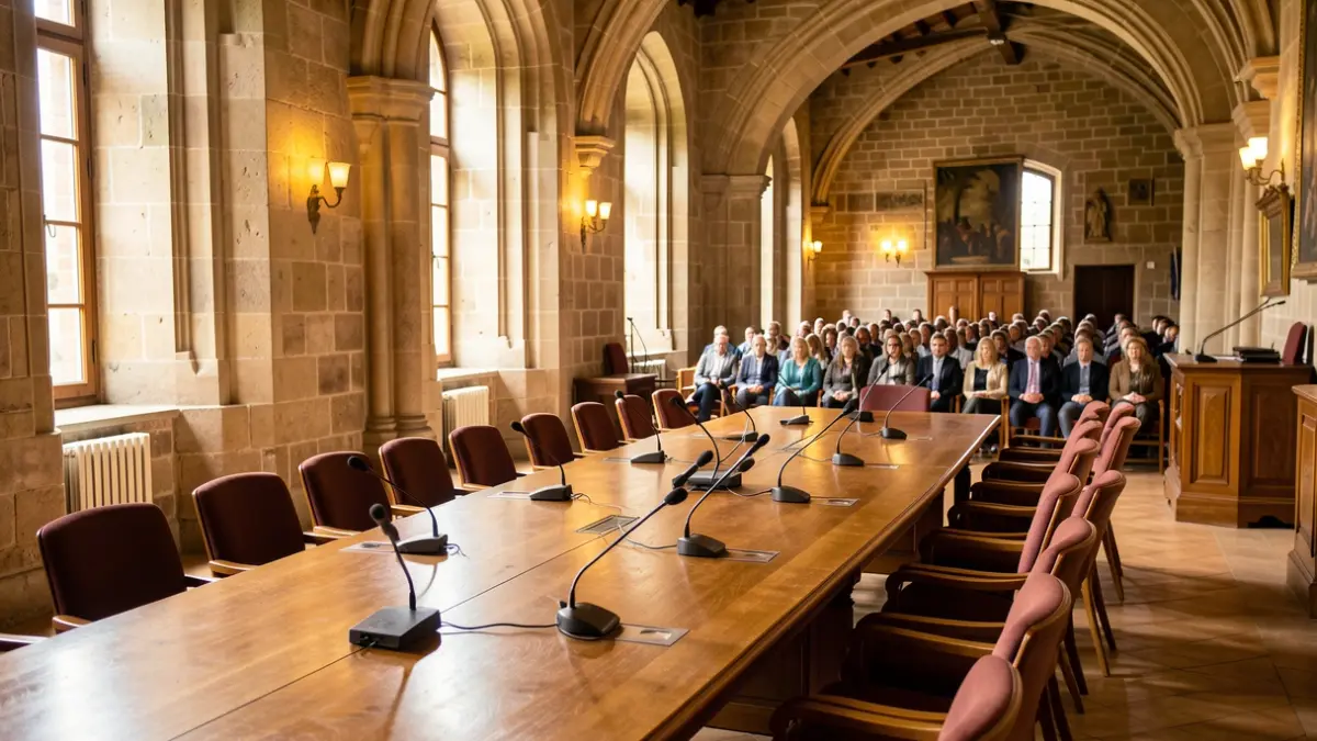 Meeting room of a Catalan town hall with table, microphones, and chairs.