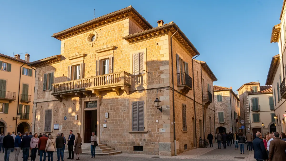 Generic image of a municipal building with a balcony and stone facade under a blue sky.