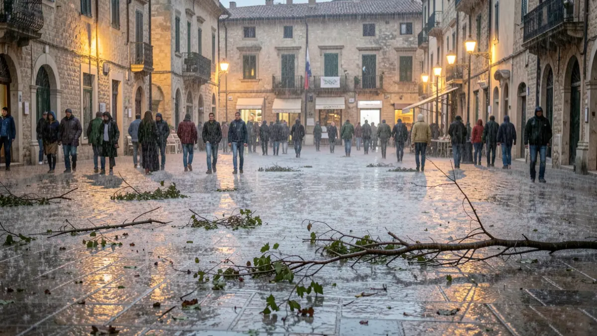 Imatge genèrica de pluja intensa a una plaça de poble mediterrani amb runes.