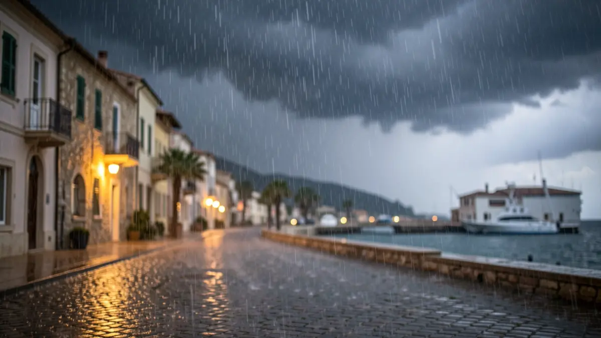 Imagen genérica de lluvia intensa en un entorno urbano mediterráneo.