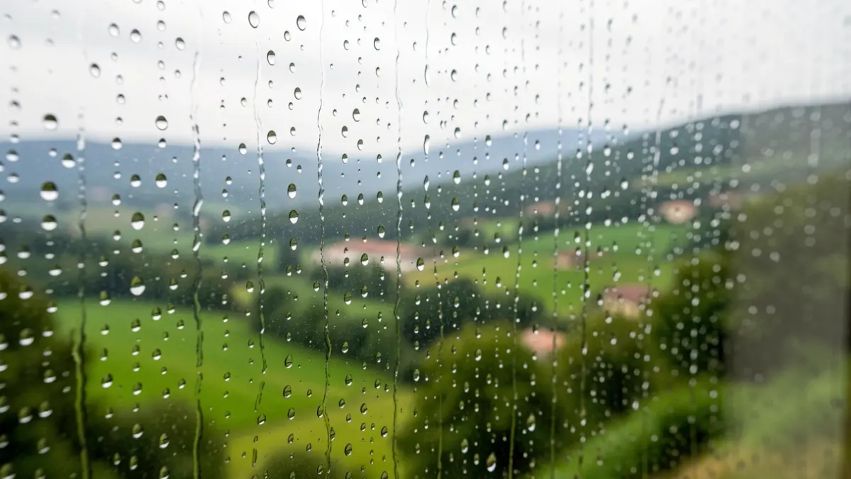 Raindrops on a window pane overlooking a green valley in Catalunya.