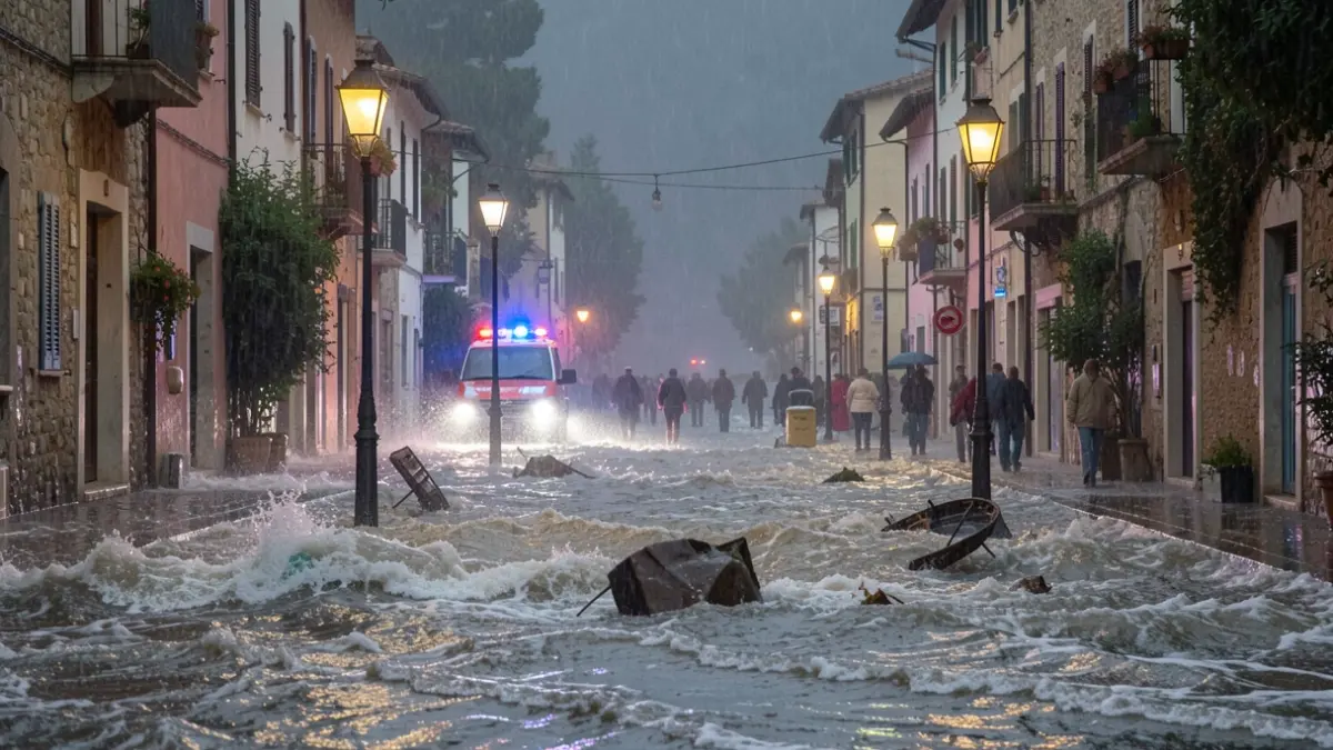 Generic image of torrential rain flooding a street in a Mediterranean town with water and debris.