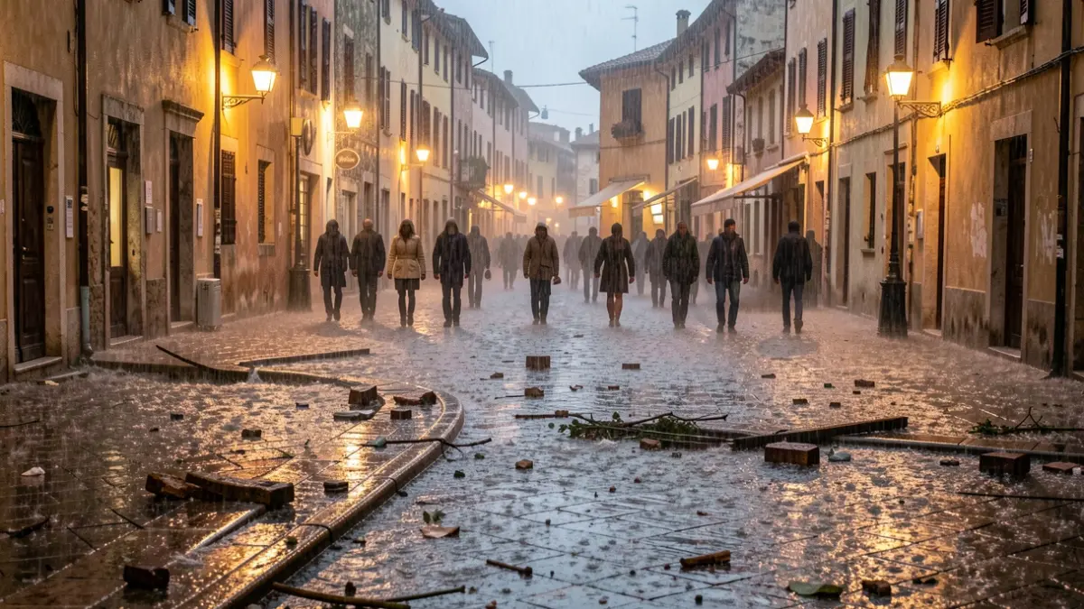 Generic image of torrential rain in a Mediterranean square with debris.