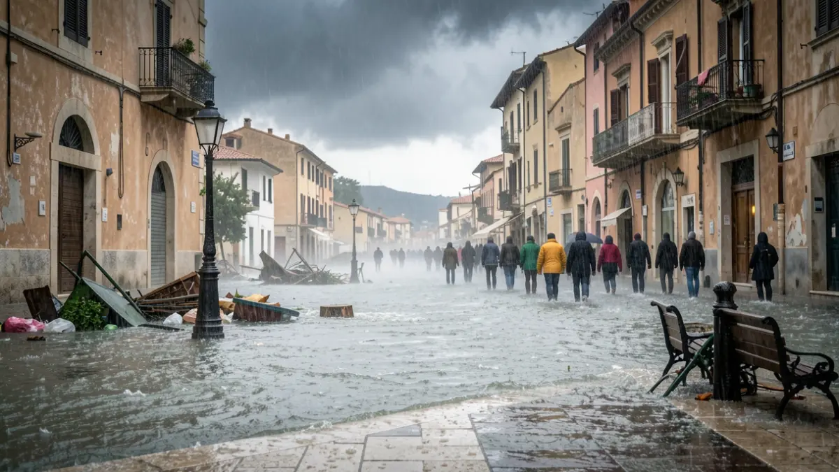 Generic image of a Mediterranean coastal town flooded by torrential rain.