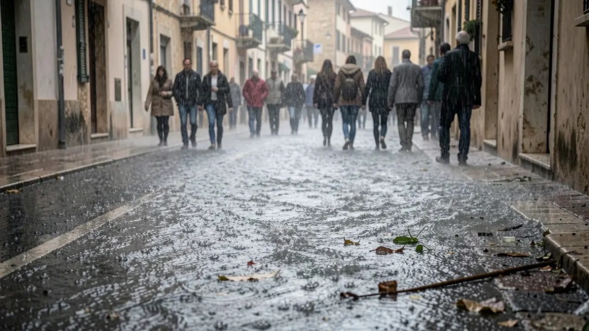 Imatge genèrica de pluja intensa a un carrer d'una ciutat mediterrània amb acumulació d'aigua.
